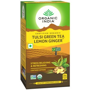 Тулси с Зелёным чаем, Лимоном и Имбирём марки Органик Индия (Tulsi, Green Tea, Lemon and Ginger Organic India), 25 пакетиков